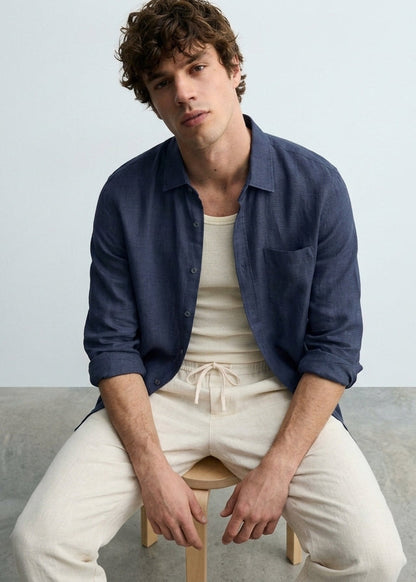 Wilsren's Men Linen Textured Shirt - Navy