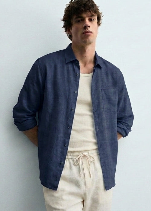 Wilsren's Men Linen Textured Shirt - Navy